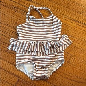 Quincy Mae Striped Brown and White Ruffle Swimsuit